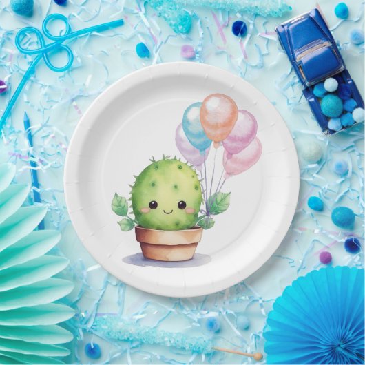 Niedliche Kaktus mit Birthday Balloons Pappteller (Party)