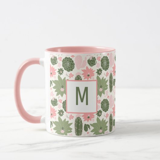 Niedliche Kaktus-Sukkulente rosa grün mit Monogram Tasse (Links)