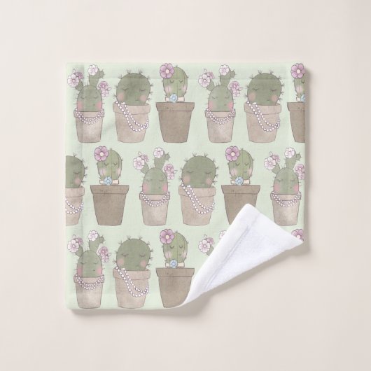 Niedliche Kaktus Trio Tragen Schmuck Gemustert Badhandtuch Set (Waschlappen)