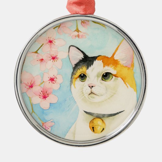 Niedliche Kaliko-Katze mit rosa BlumenWatercolor Ornament Aus Metall (Vorne)