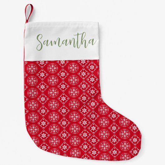 Niedliche Kalligrafie Script Red Winter Snowflake  Kleiner Weihnachtsstrumpf (Vorderseite)