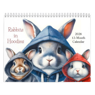 Niedliche Kaninchen auf Hoodies 2026 Kalender 12 M