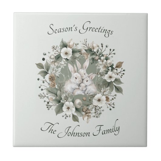 Niedliche Kaninchen im blumigen Winterkranz Fliese (Vorderseite)