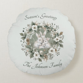 Niedliche Kaninchen im blumigen Winterkranz Rundes Kissen