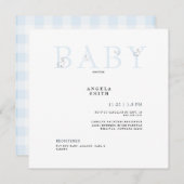 Niedliche Kaninchen Light Blue Gingham Baby Shower Einladung (Vorne/Hinten)