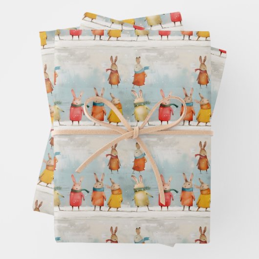Niedliche Kaninchen spielen im Schnee Geschenkpapier Set (Beispiel)