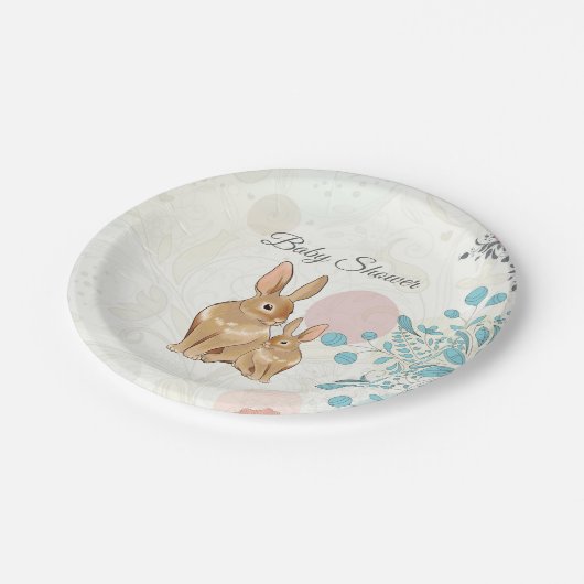 Niedliche Kaninchen und Blume Frühjahrsdusche Pappteller (Schrägansicht)
