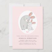 Niedliche Kaninchenmutter und sonnige Rosa-Babydus Einladung (Vorderseite)