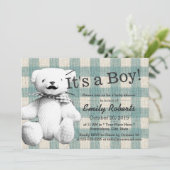 Niedliche Karierte Mustache Bear Baby Dusche Einladung (Stehend Vorderseite)