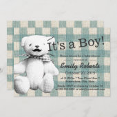 Niedliche Karierte Mustache Bear Baby Dusche Einladung (Vorne/Hinten)