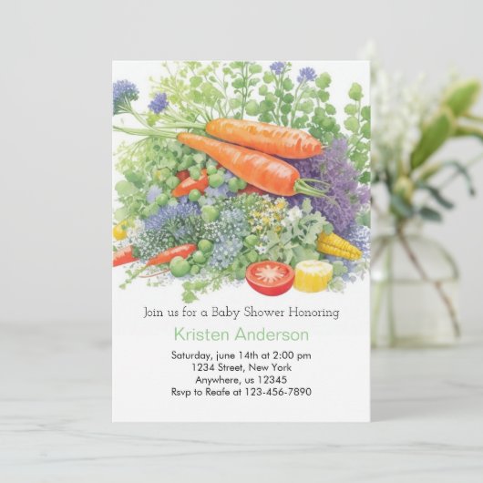 Niedliche Karottendusche und Tomato Baby-Dusche Einladung (Stehend Vorderseite)