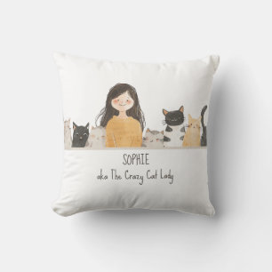 Niedliche Kätzchen Illustration Crazy Cat Lady mit Kissen