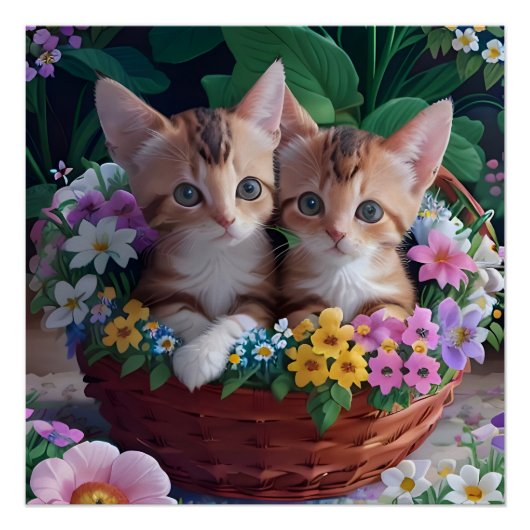 Niedliche Kätzchen in einem Blume-Korb Poster (Vorderseite)