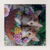 Niedliche Kätzchen in einem Blume-Korb Puzzle (Horizontal)