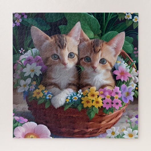Niedliche Kätzchen in einem Blume-Korb Puzzle (Vertikal)