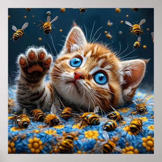 Niedliche Kätzchen Interaktion mit Bienen Poster (Vorne)
