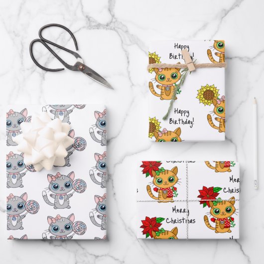 Niedliche Kätzchen mit Blume Geburtstag und Weihna Geschenkpapier Set (Vorderseite)
