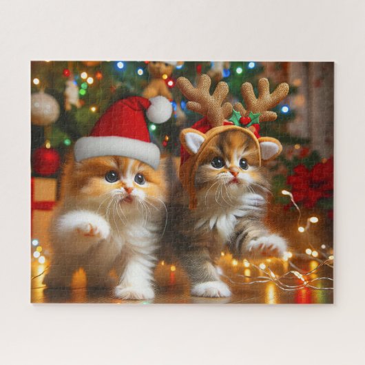 Niedliche Kätzchen mit dem Weihnachtsmann und Rent Puzzle (Horizontal)