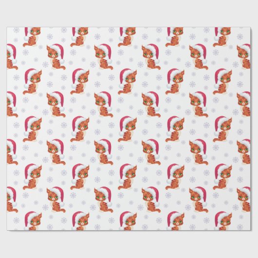 Niedliche Kätzchen mit Weihnachtsmannmütze Schneef Geschenkpapier (Flach)