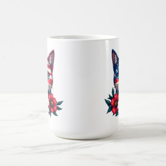 Niedliche Katze Amerikanische Flagge und Rote Blum Kaffeetasse (Mittel)