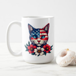 Niedliche Katze Amerikanische Flagge und Rote Blum Kaffeetasse