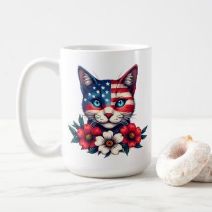 Niedliche Katze Amerikanische Flagge und Rote Blum Kaffeetasse