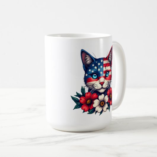Niedliche Katze Amerikanische Flagge und Rote Blum Kaffeetasse (VorderseiteRechts)