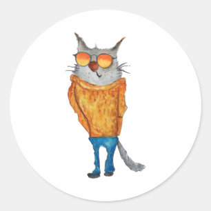 Niedliche Katze auf Brillen mit orangefarbenem Pul Runder Aufkleber