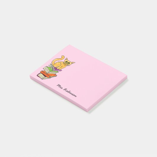 Niedliche Katze auf Buchstaplername Pink 4 x 3 Post-it Klebezettel (angewinkelt)