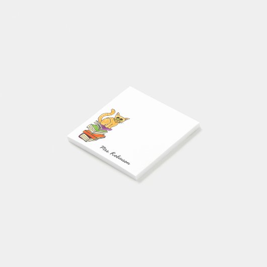 Niedliche Katze auf Buchstaplername Weiß 3 x 3 Post-it Klebezettel (angewinkelt)