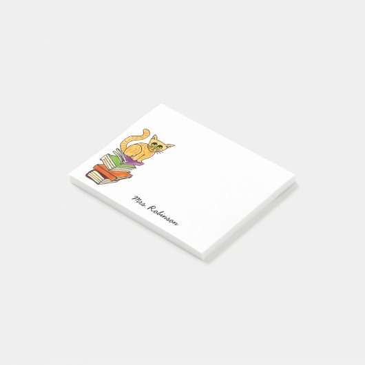 Niedliche Katze auf Buchstaplername Weiß 4 x 3 Post-it Klebezettel (angewinkelt)