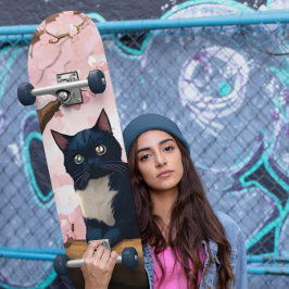 Niedliche Katze auf einem Kirschblossom Skateboard