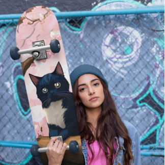 Niedliche Katze auf einem Kirschblossom Skateboard