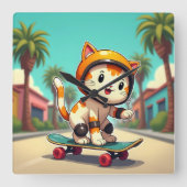 Niedliche Katze auf einem Skateboard Quadratische Wanduhr (Vorderseite)