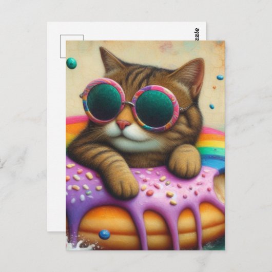 Niedliche Katze auf einer schwimmenden Doughnut Postkarte (Vorne/Hinten)