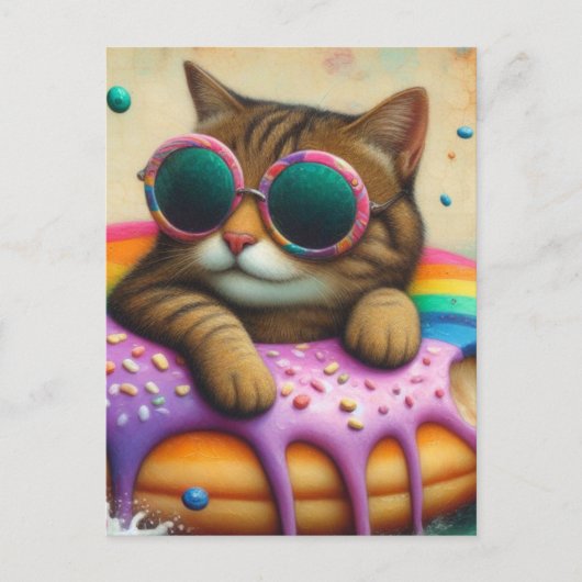 Niedliche Katze auf einer schwimmenden Doughnut Postkarte (Vorderseite)