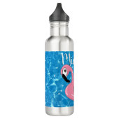 Niedliche Katze auf rosa Flamingo Floatie Blauer N Edelstahlflasche (Links)