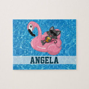 Niedliche Katze auf rosa Flamingo Floatie Blauer N Puzzle