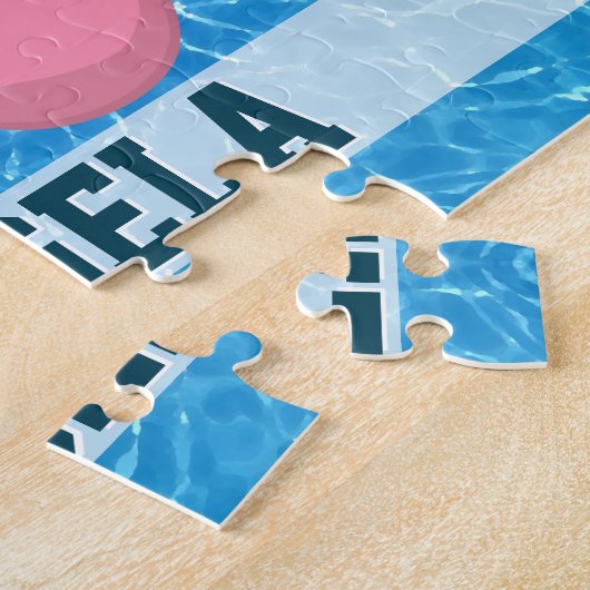 Niedliche Katze auf rosa Flamingo Floatie Blauer N Puzzle (Seite)