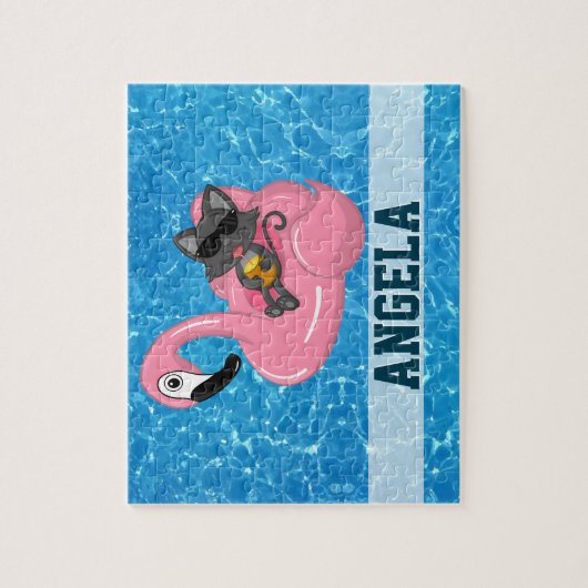 Niedliche Katze auf rosa Flamingo Floatie Blauer N Puzzle (Vertikal)