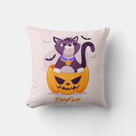 Niedliche Katze auf Spooky Pumpkin und Halloween-F Kissen
