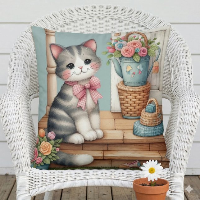 Niedliche Katze auf Veranda mit Blume & Patchwork Kissen (Porch Kitty Floral Patchwork Scene Throw Pillow Mockup A)