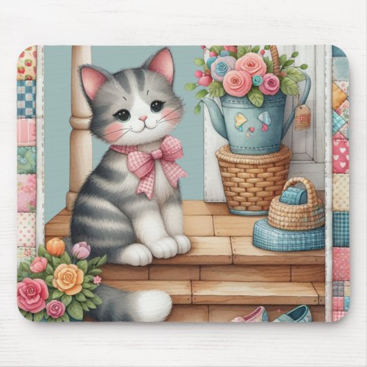 Niedliche Katze auf Veranda mit Blume & Patchwork Mousepad (Vorne)