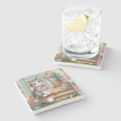 Niedliche Katze auf Veranda mit Blume & Patchwork Steinuntersetzer (Seitenansicht)