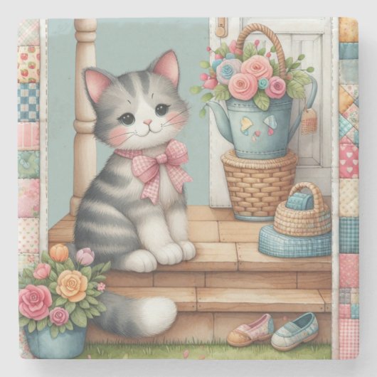 Niedliche Katze auf Veranda mit Blume & Patchwork Steinuntersetzer (Vorderseite)