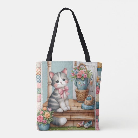Niedliche Katze auf Veranda mit Blume & Patchwork Tasche (Rückseite)