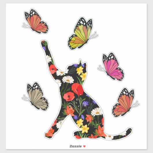 Niedliche Katze, bunte Blume und Schmetterlinge, Aufkleber (Blatt)