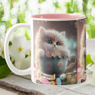 Niedliche Katze, die in einer Cup-Mugge sitzt Zweifarbige Tasse