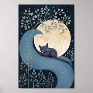 Niedliche Katze, die unter dem Mond und den Sterne Poster