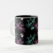 Niedliche Katze Doodle Rosa Aquamarin Schwarz Zweifarbige Tasse (Vorderseite Links)
